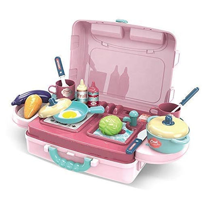 Cable World Plastic 3 in 1 Portable Pretend Food Party Role Cooking Kitchen Play Set Toy for Boys and Girls - Pink