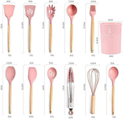 Klick n shop Silicone Kitchen Spatula and Utensils Spoon Set Cooking + Baking Set- 12 Pcs Non-Stick with Wooden Handle-BPA Free, Heat Resistant Item, Flexible Non Toxic Silicon Cookware Tools (Pink)