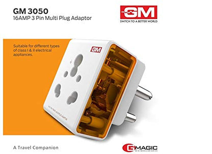 GM 3050 16 AMP 3 Pin Multi Plug Travel Adaptor Suitable for Class I and II Electrical Appliances - White