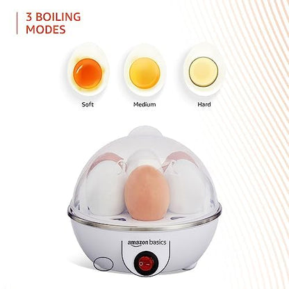 Amazon Basics Electric Egg Boiler | 3 Boiling Modes | Automatic Operation | Overheat Protection|75ml|Plastic|White