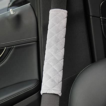 Close up view of Simxen Wool Soft Seat Belt Cover installed on a seat belt