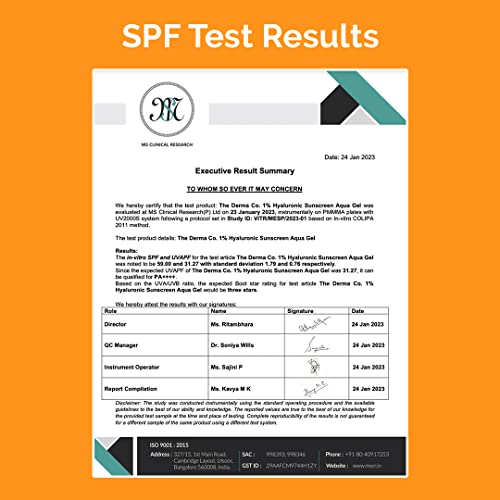 The Derma Co 1% Hyaluronic Sunscreen Aqua Gel SPF 50 PA++++ I Ultra Lightweight Texture, I Non-Greasy I No White Cast | Broad Spectrum Protection & Blue Light Protection I For All Skin Types- 80 g