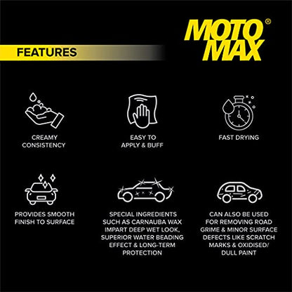 Motomax Bike & Car Cream Polish 230gm | Carnuba Wax & Micro Polishing Agents with Sponge. Protects & Shines Cars, Bike, Motorcycle, Water Repellent Polish for Auto Care needs, Removes Minor scratches