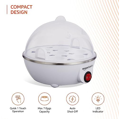 Amazon Basics Electric Egg Boiler | 3 Boiling Modes | Automatic Operation | Overheat Protection|75ml|Plastic|White