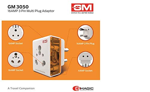 GM 3050 16 AMP 3 Pin Multi Plug Travel Adaptor Suitable for Class I and II Electrical Appliances - White