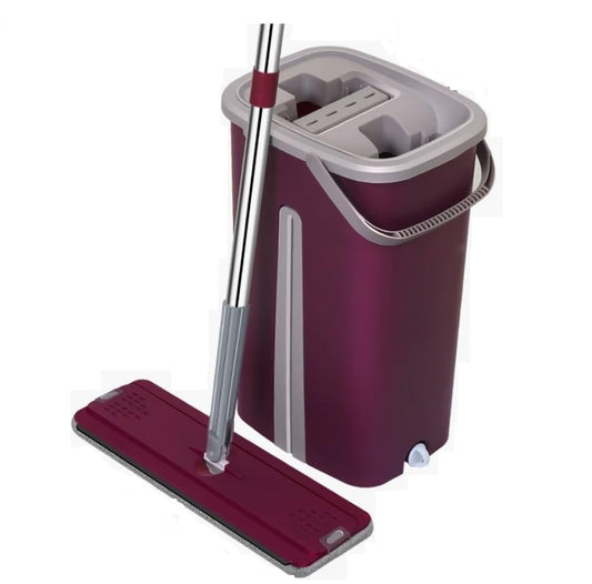 Amazon Brand - Umi Flat Squeeze Mop with Bucket for Floor Cleaning 360° Flexible Head 2 Super-Absorbent Microfiber Pads Wet & Dry Cleaning Mop for Bathroom Floor Cleaning Marble Wooden Tile (Maroon)