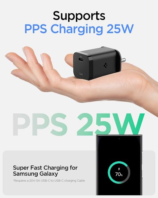 Spigen PE2213 GaN 35W Wall Charger for iPhone 16/15/14/13/12, PPS Support for Samsung Galaxy S24, S23, S22, Oneplus, Vivo and More [Improved Version] - Black