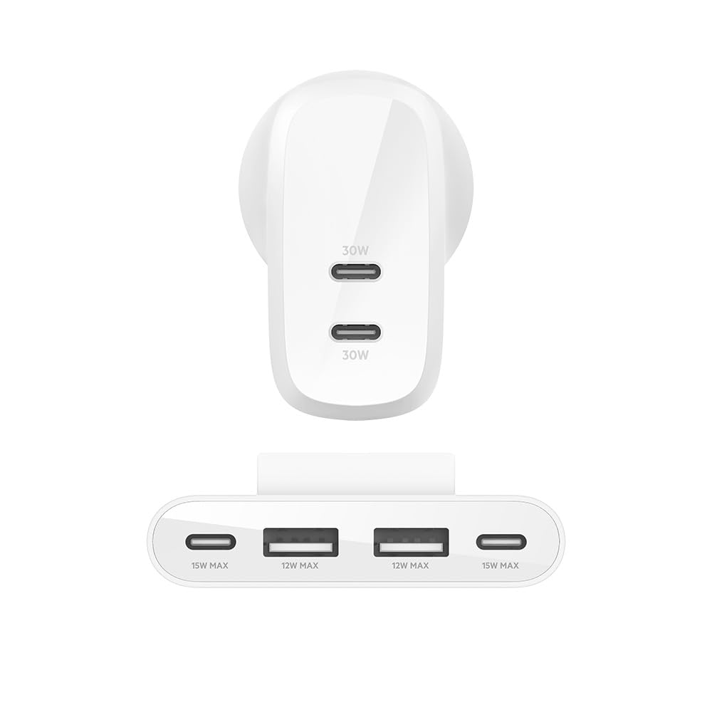 Belkin 60W (30w + 30W) Dual USB-C PPS Fast Charging Wall Charger/Adapter with 4-Port (2 USB-C & 2 USB-A) 2 Meter Power Extender for iPhone 15, 14, 13, 12, iPad & Other USB-C suported Devices - White