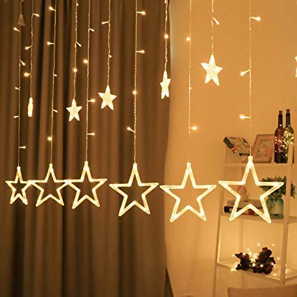 Desidiya 12 Stars 138 Led Curtain String Lights Window Curtain Lights with 8 Flashing Modes Decoration for Christmas, Wedding, Party, Home, Patio Lawn Warm White (138 Led-Star, Copper, Pack of 1)