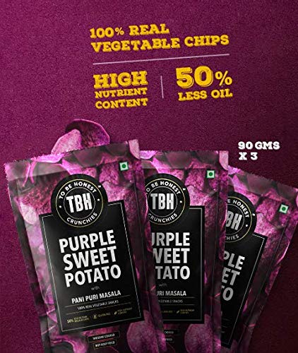 TBH - To Be Honest Vegetable Chips | Purple Sweet Potato with Pani Puri Masala |Gluten Free|High Fibre |Vegan Friendly | Low Fat | 50% Less Oil | No Preservatives Snack - Pack of 3 (75 gm * 3)