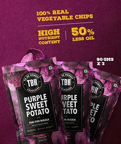 TBH - To Be Honest Vegetable Chips | Purple Sweet Potato with Pani Puri Masala |Gluten Free|High Fibre |Vegan Friendly | Low Fat | 50% Less Oil | No Preservatives Snack - Pack of 3 (75 gm * 3)