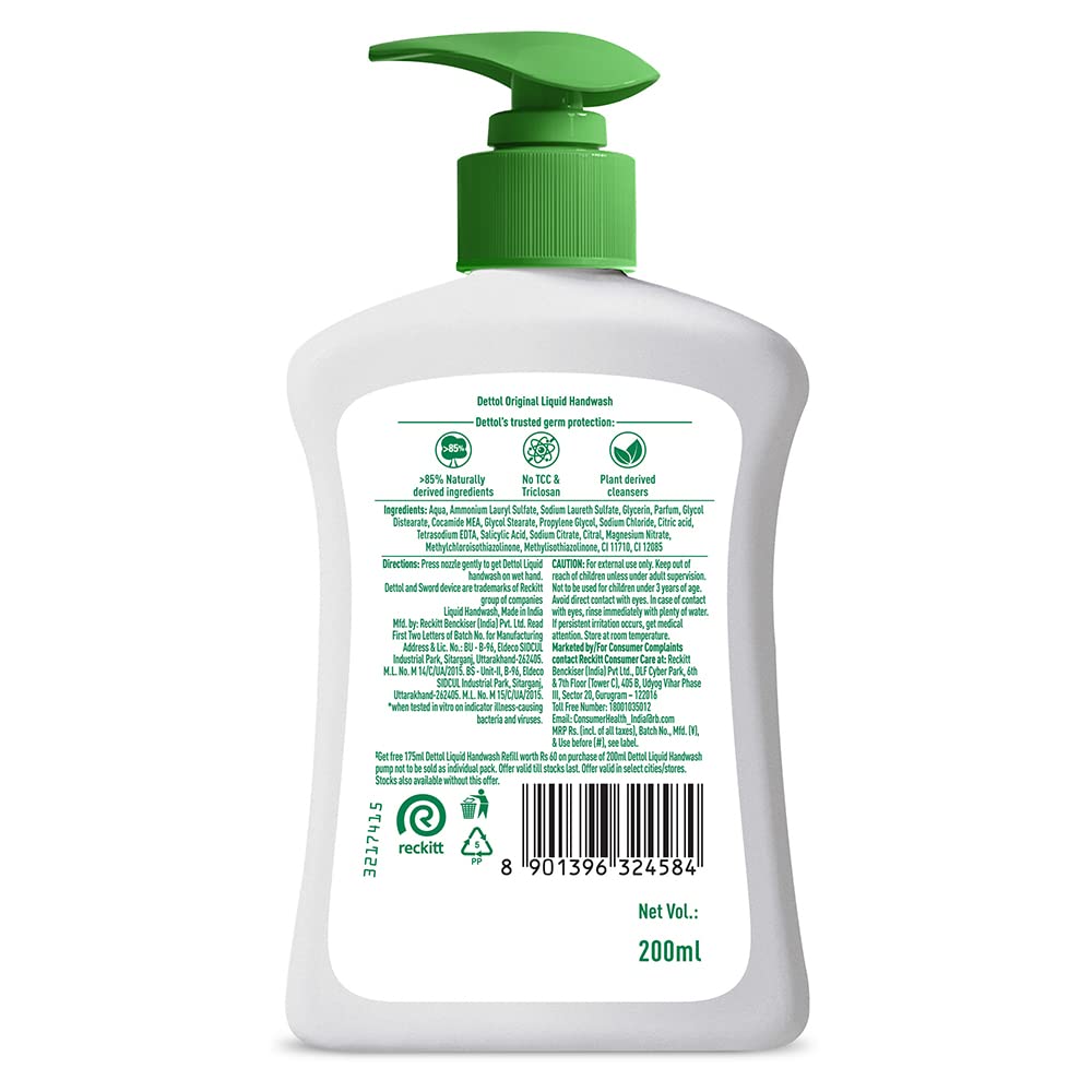 Dettol Liquid Handwash Dispenser Bottle Pump - Original Hand Wash- 200ml | Germ Defence Formula | 10x Better Germ Protection