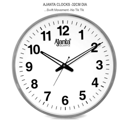 Ajanta Quartz Wall Clock (32 cm x 32 cm x 2 cm, White Dial and Silver Rim)