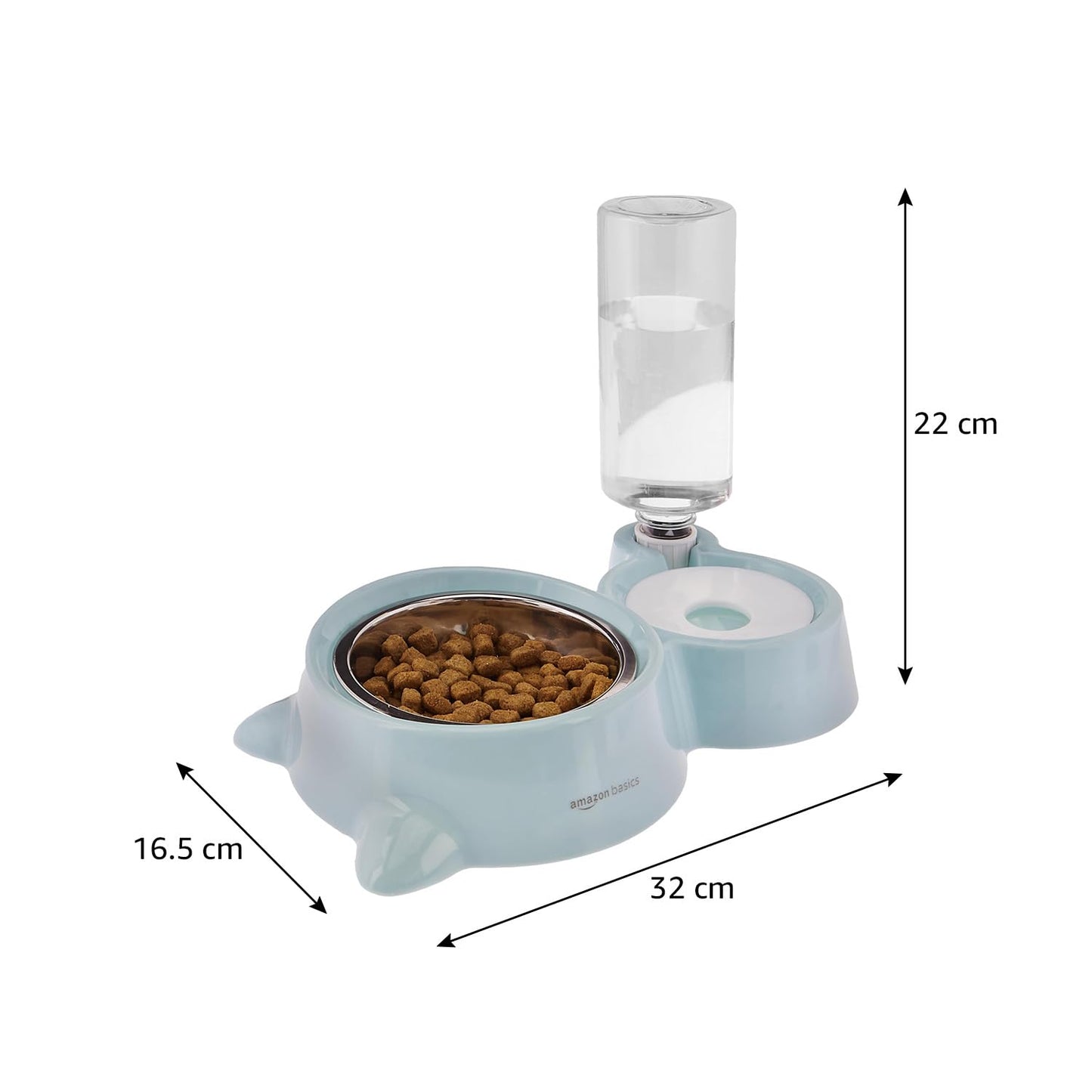 amazon basics 2 In1 Pet Feeder Food and Water Dispenser|Stainless Steel Bowl|Automatic Water Dispensing Mechanism|Suitable for Cats and Dogs,?32 cm,H_22 cm,W_16.5 cm