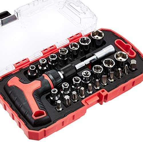 amazon basics 27-Piece Magnetic T-Handle Ratchet Wrench and Screwdriver Set, 6.8 x 3.7 x 1.3 inch