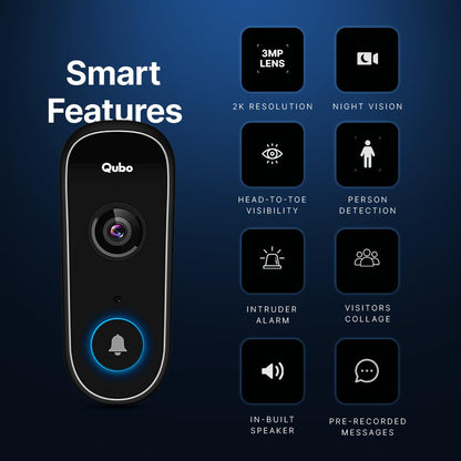 Qubo Smart WiFi Video Doorbell Pro 2K from Hero Group | Instant Phone Visitor Video Call | Intruder Alarm | 3MP 1296P Resolution | 2-Way Talk | Alexa & OK Google | Plug and Play Chime | 2024 Launch