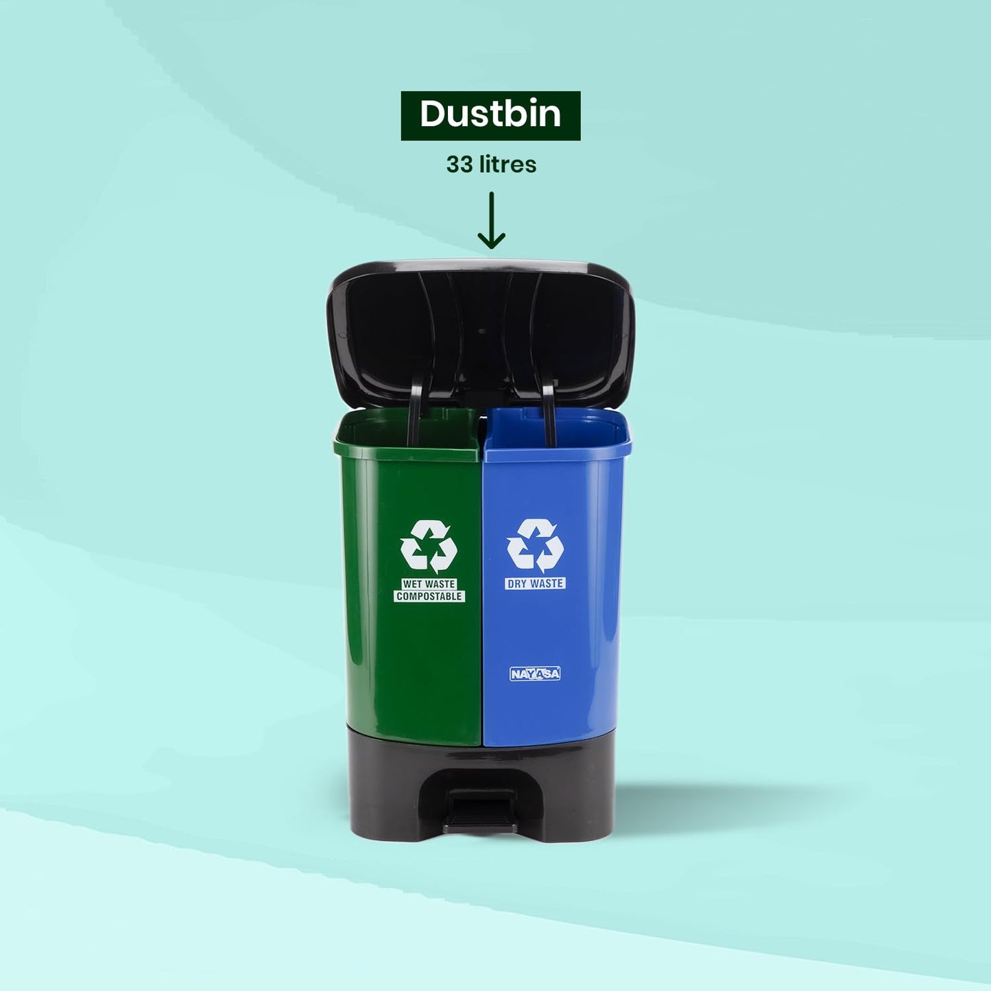 Nayasa Plastic 2 In 1 Dustbin Big | 33 Liter | Pedal Dustbin | With Lid and Detachable Bin | Garbage Waste Bin with Handle | Dustbin for Kitchen-Bathroom | Wet & Dry Waste Bin | Green & Blue