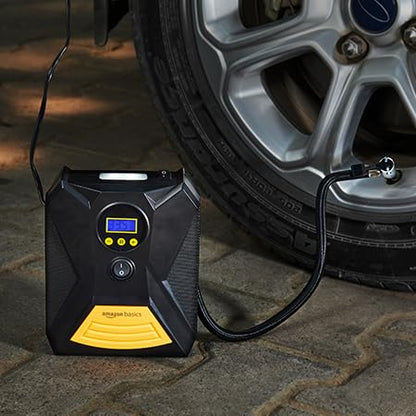 Amazon Basics Portable DC Digital Tyre Inflator 12V, 150 PSI with Digital Pressure Gauge and LED Light,Metal,Black