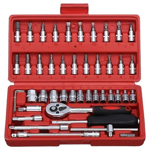 Quicknik Heavy Duty 1/4" Combinational Ratchet Socket Wrench Spanner 46 Pieces Chrome Vanadium Hand Tool Kit Set For Repairing Work, DIY, Auto Repairs Car & Bike