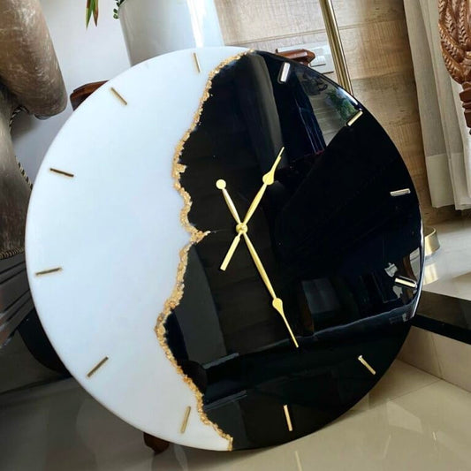 HANDARTED Premium Stylish Resin Luxury Wall Clock 12-16 Inches Silent Quartz Decorative Latest Wall Clock Battery Operated Easy to Use for Room/Office/School MDF Base (White & Black) (16 Inch)