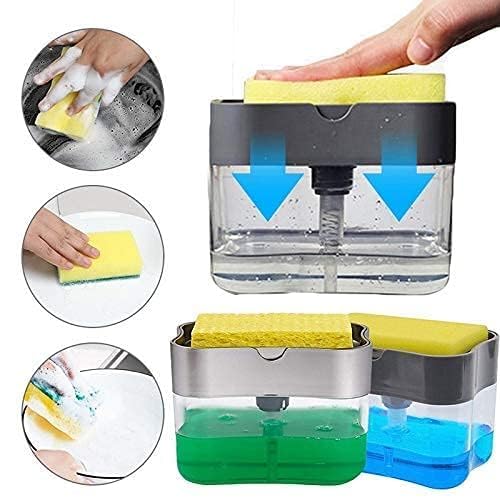 Wazdorf 2 in 1 Soap Dispenser for Bathroom Accessories Dishwasher Liquid Holder Liquid Dispenser Pump 400 ML with Sponge Holder Kitchen Sink Accessories Items (Square soap Dispenser)