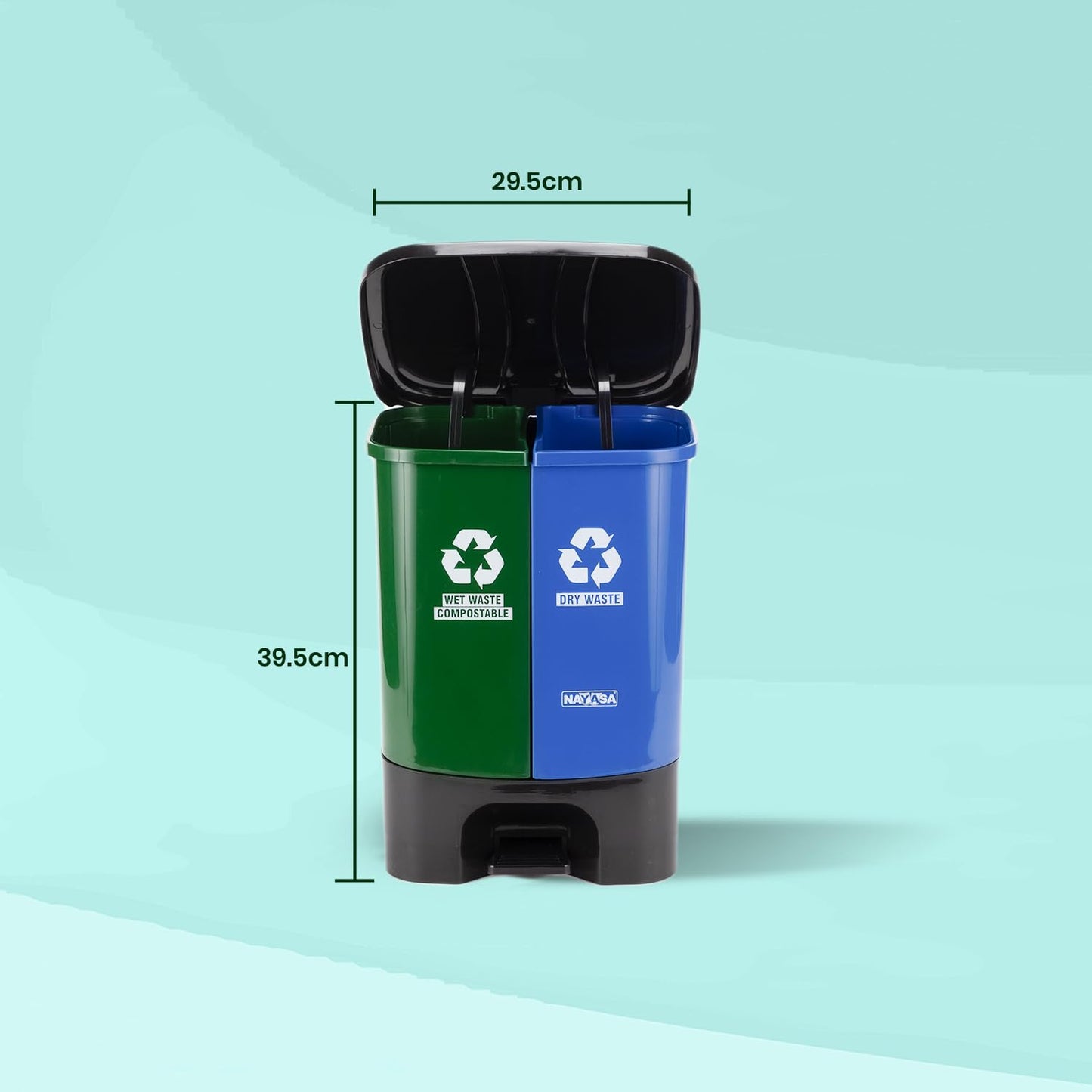 Nayasa Plastic 2 In 1 Dustbin Big | 33 Liter | Pedal Dustbin | With Lid and Detachable Bin | Garbage Waste Bin with Handle | Dustbin for Kitchen-Bathroom | Wet & Dry Waste Bin | Green & Blue