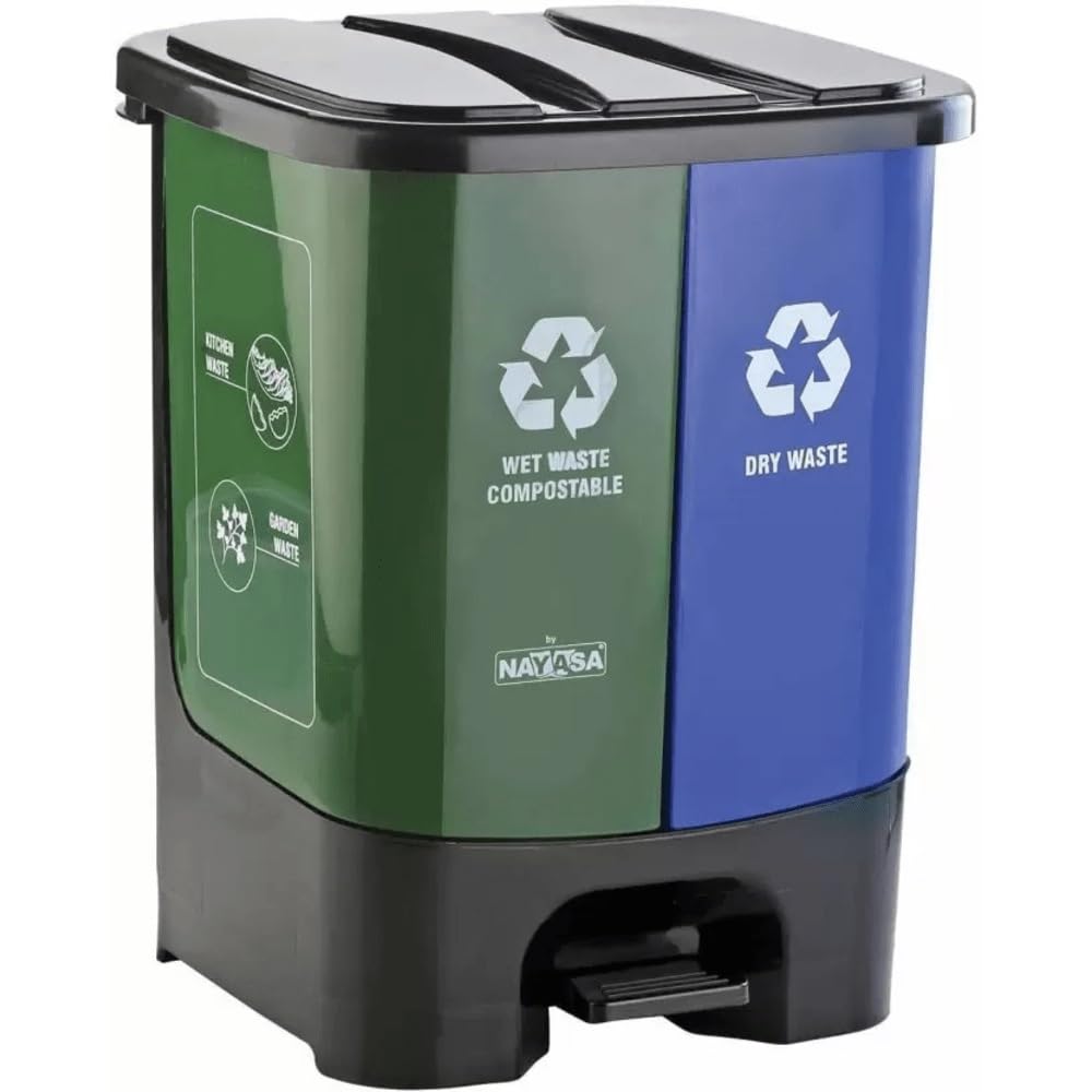 Nayasa Plastic 2 In 1 Dustbin Big | 33 Liter | Pedal Dustbin | With Lid and Detachable Bin | Garbage Waste Bin with Handle | Dustbin for Kitchen-Bathroom | Wet & Dry Waste Bin | Green & Blue