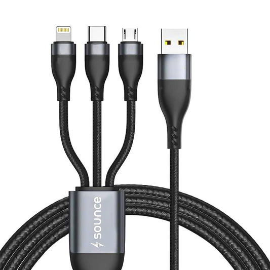 Sounce 100W/6A Speed Fast Charging Usb 3.0 Cable 4 Ft/1.2M To 3-In-1 Long Charging Cord With Type C + Micro Usb + Lightning Connector 480 Mbps Data Transfer For Laptop,Tablets,Smartphones&More, Black