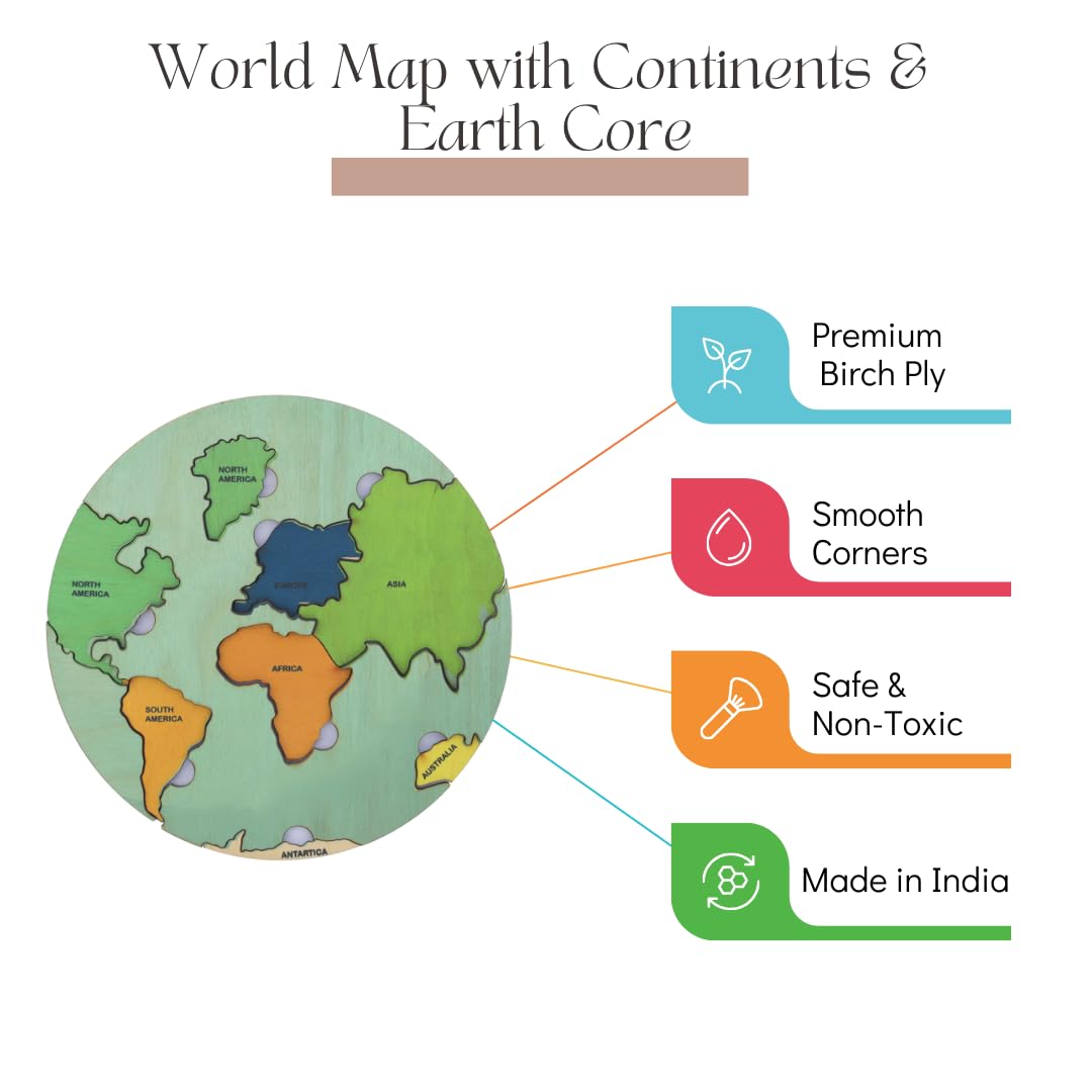 NESTA TOYS - World Map with Continents & Earth Core | Geography Puzzles for Kids | Montessori Wooden Puzzle (16 Pcs)