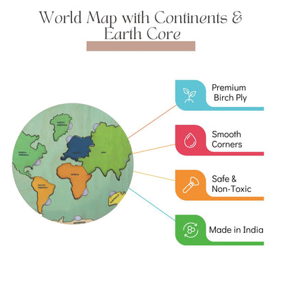 NESTA TOYS - World Map with Continents & Earth Core | Geography Puzzles for Kids | Montessori Wooden Puzzle (16 Pcs)