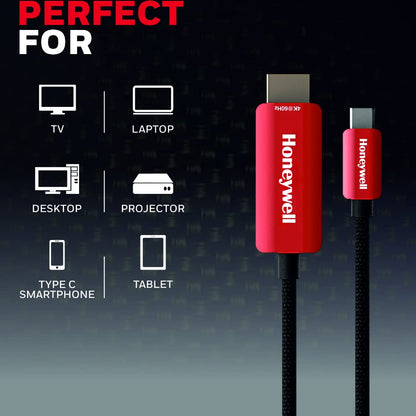 Honeywell Type C to 2.0 HDMI Cable, 4Kx2K@60Hz UHD Resolution, 2 Mtr, 18GBPS Transmission Speed, High-Speed, Male to Male, Compatible with TV, Laptop, Type-C Smartphone, Projector, etc