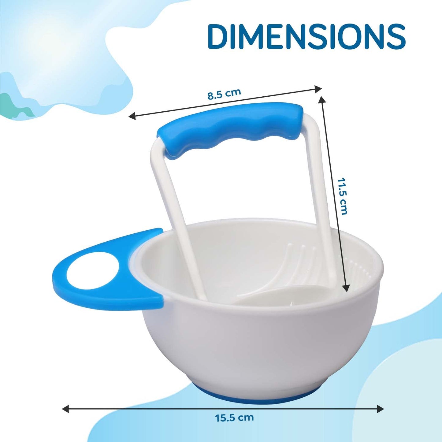 LuvLap Baby Food Grinding Cum Feeding Bowl, Portable Baby Food Masher & Serving Bowl for Baby weaning Food Preparation (Pack of 1 Set,White & Blue)