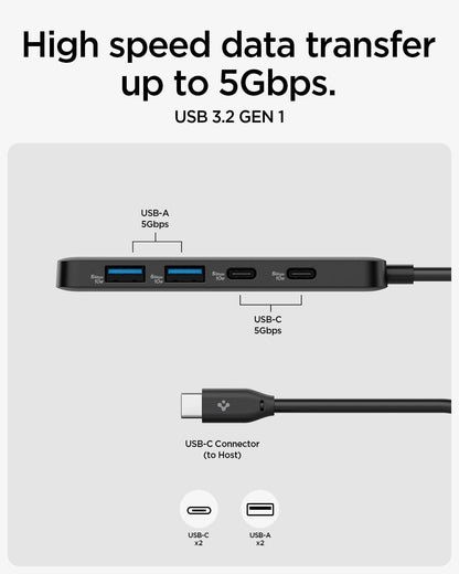 Spigen 4-in-1 USB Hub 3.2 gen1 5Gbps and 2 USB-A with 5Gbps, 2 USB-C with 5Gbps Lightweight Portable hub - Black