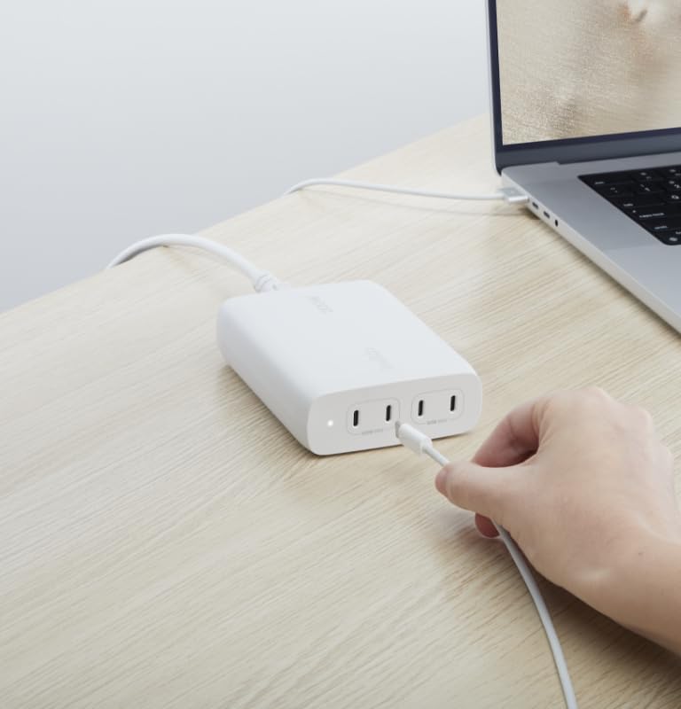 Belkin 200W GaN 4 Port (4 USB-C PD 3.0) Fast Charger with PPS Technology, Compact Size, for MacBook, iPad, iPhone and Other USB C Supported laptops & Devices - White