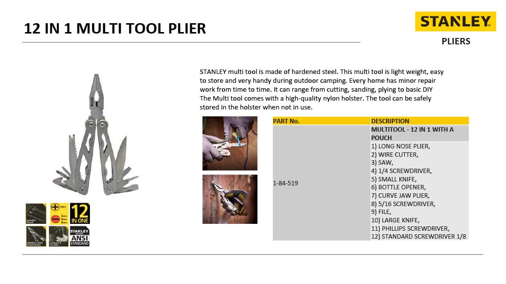 STANLEY 1-84-519 12-in-1 Foldable Multi Tool with Anti-Rust Properties for Minor Repair Work Ideal for Home, Car, Bikes, Camping & Outdoor Activity, GREY