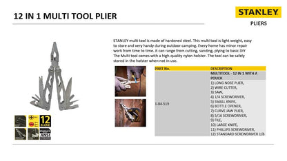STANLEY 1-84-519 12-in-1 Foldable Multi Tool with Anti-Rust Properties for Minor Repair Work Ideal for Home, Car, Bikes, Camping & Outdoor Activity, GREY