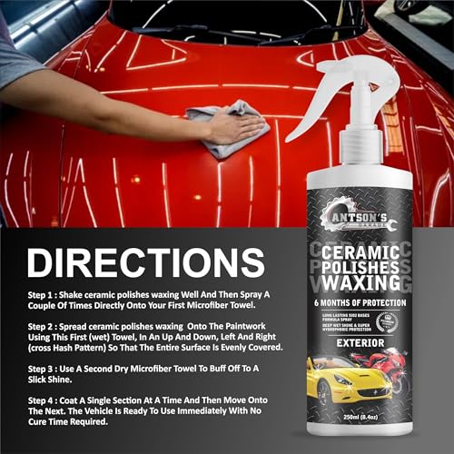 Ceramic Polish Waxing for Car - Antson 250ML Easy To Apply Hydrophobic Spray With Extreme Gloss, Slickness & UV Protection, More Durable Than Other Car Polish & Wax