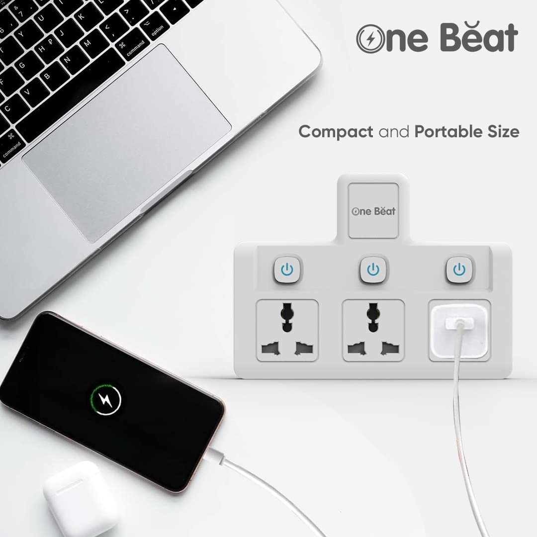 One Beat Cordless Extension Board with Individual Switch-Multi Plug Socket with 3 Sockets - Flex Board with Safety Shutter Protection