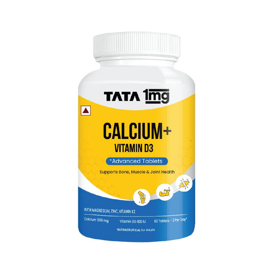 TATA 1mg Calcium & Vitamin D3 supplement with Zinc, Magnesium & Alfalfa | High absorption Calcium Citrate Maleate form | 500mg Calcium & 400iu Vitamin D3 | For strong bones & joints | 60 tablets