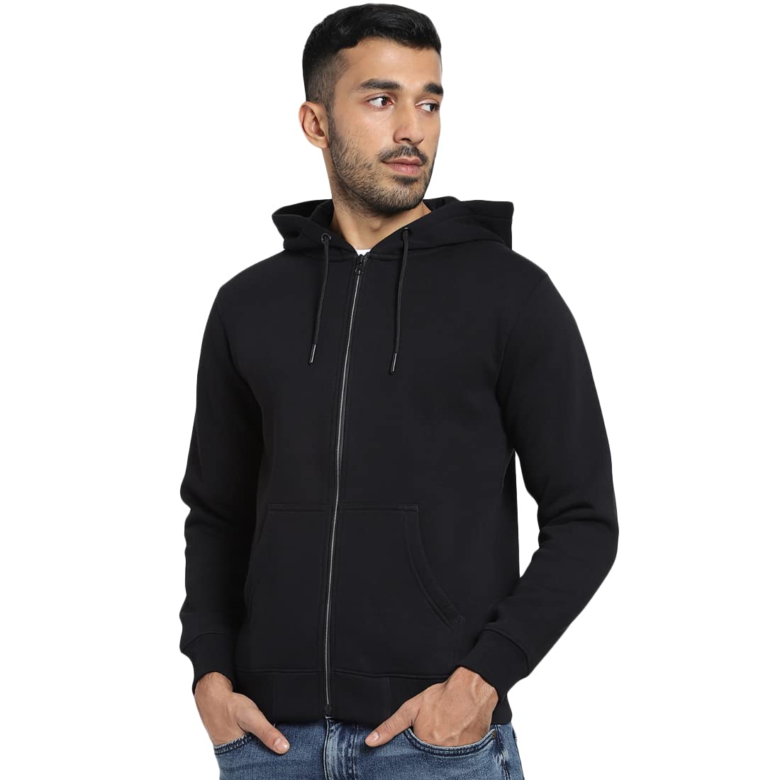 Bewakoof Men Winterwear Solid Black Long Sleeve Hooded Hoodies