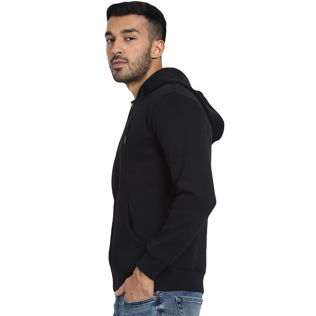 Bewakoof Men Winterwear Solid Black Long Sleeve Hooded Hoodies