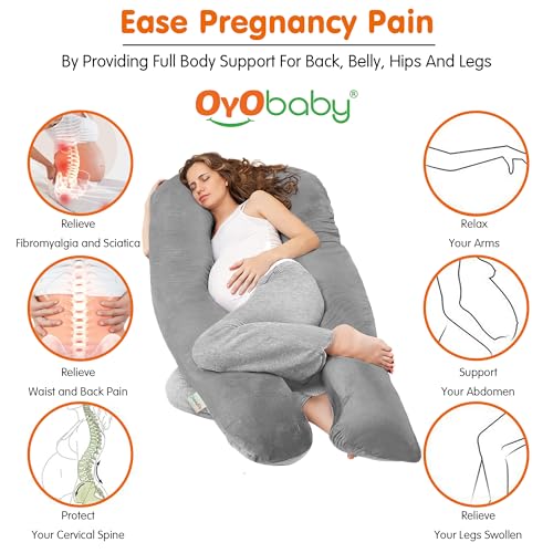 OYO BABY Pregnancy Pillows for Sleeping J-Shape Full Body Pillow and Maternity Support - for Back, HIPS, Legs, Belly for Pregnant Women with Removable Washable Velvet Cover (Grey)