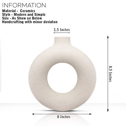 INDULGE HOMES - White Vase/Flower Vase/Pampas Grass Vase/Ceramic Vase/Round Shaped Vase/Home Decor Centrepiece/Decor Showpiece Donut Vase 6 & 8 Inches (Pack of 2)