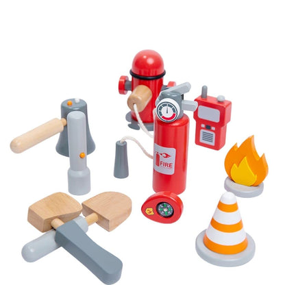 NESTA TOYS - Wooden Firefighter Pretend Play Toy with Fireman Costume Kit (14 Pcs)