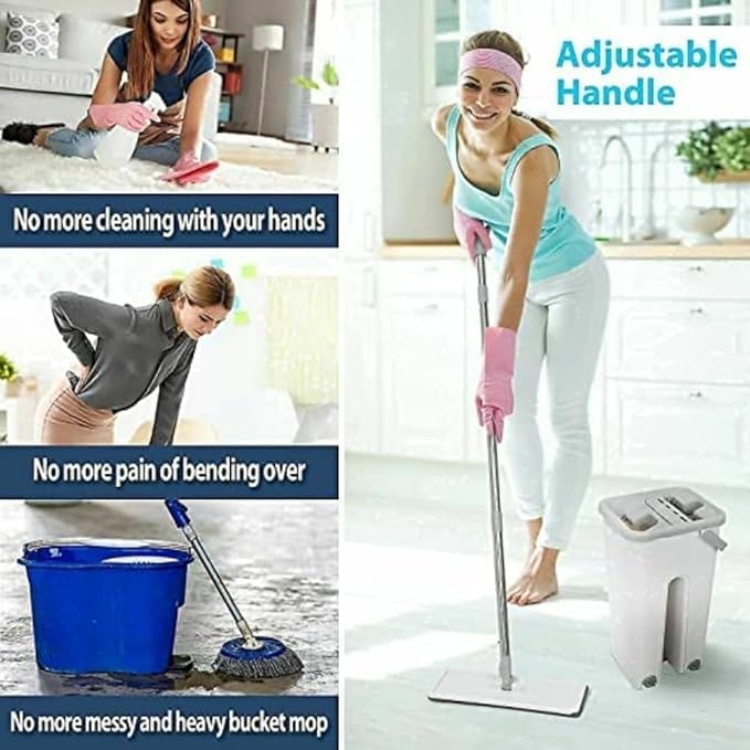 COFENDY Mop Heavy Quality Floor Mop with Bucket, Flexible Kitchen tap Flat Squeeze Cleaning Supplies 360 Flexible Mop Head/2 Reusable Pads Clean Home Floor Mop