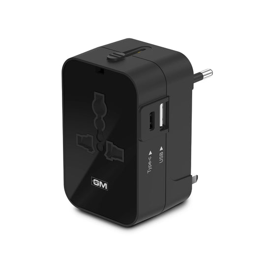 GM 3064 Universal Travel Adaptor|LED Indicator|Multi plug Connetion|Type C|Type A|Compact and Light Weight Universal Adaptor - Black