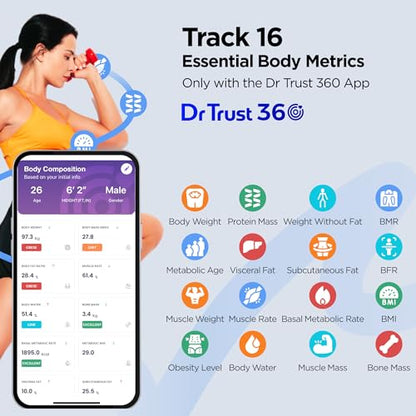 Dr Trust USA Legend BMI Weight Scale & Body Fat Analyzer with IOS/Android App Sync, 14 Essential Composition Metrics Weighing Machine -526 for Home Health Monitoring (Black)