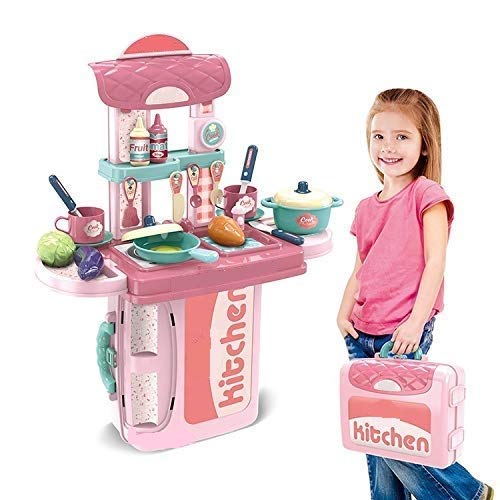 Cable World Plastic 3 in 1 Portable Pretend Food Party Role Cooking Kitchen Play Set Toy for Boys and Girls - Pink