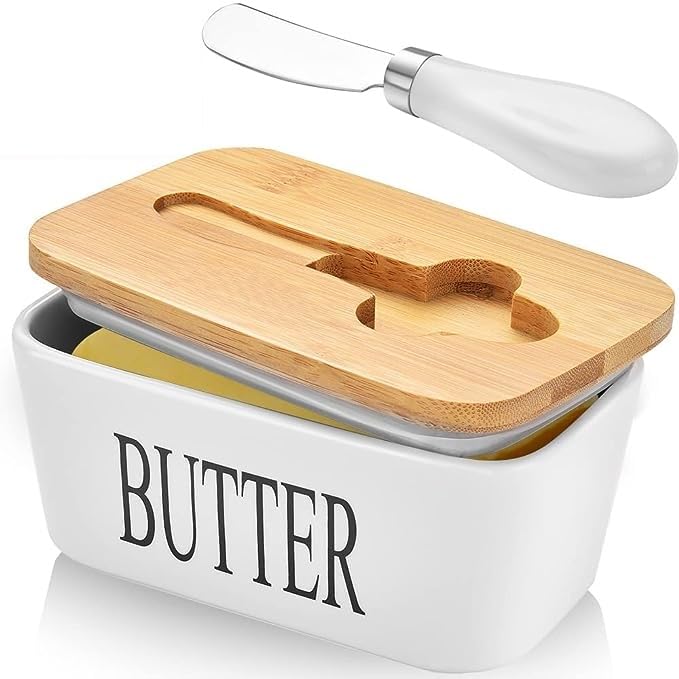 Ceramic Butter Dish with Wooden Large Butter Box Container Keeper Storage with Stainless Steel Butter Knife Spreader, Multi (White)