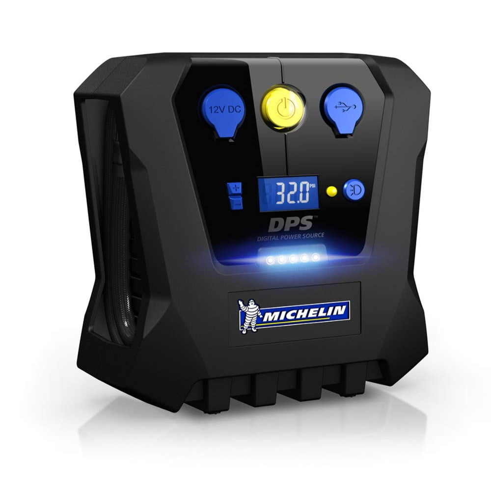 MICHELIN 12266 High Power Rapid Tyre Inflator with Pre-Set, USB Mobile Charging, 12V DC socket, LED Lights, and large back lit display